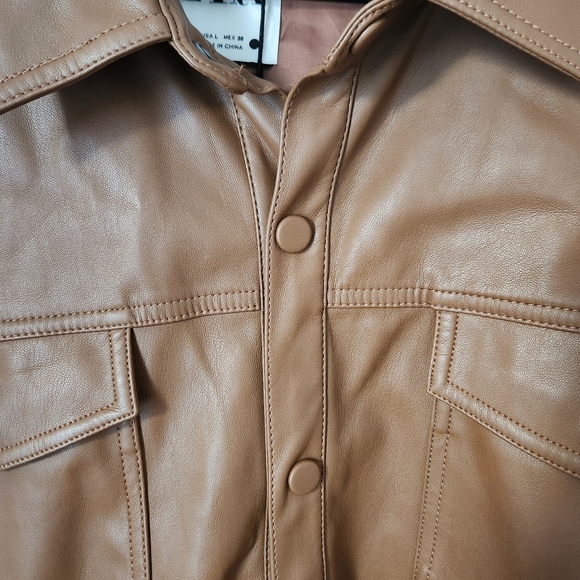 NWT Zara | Faux Leather Belted Button Down Shirt Jacket in Cognac - Size L - Picture 5 of 14
